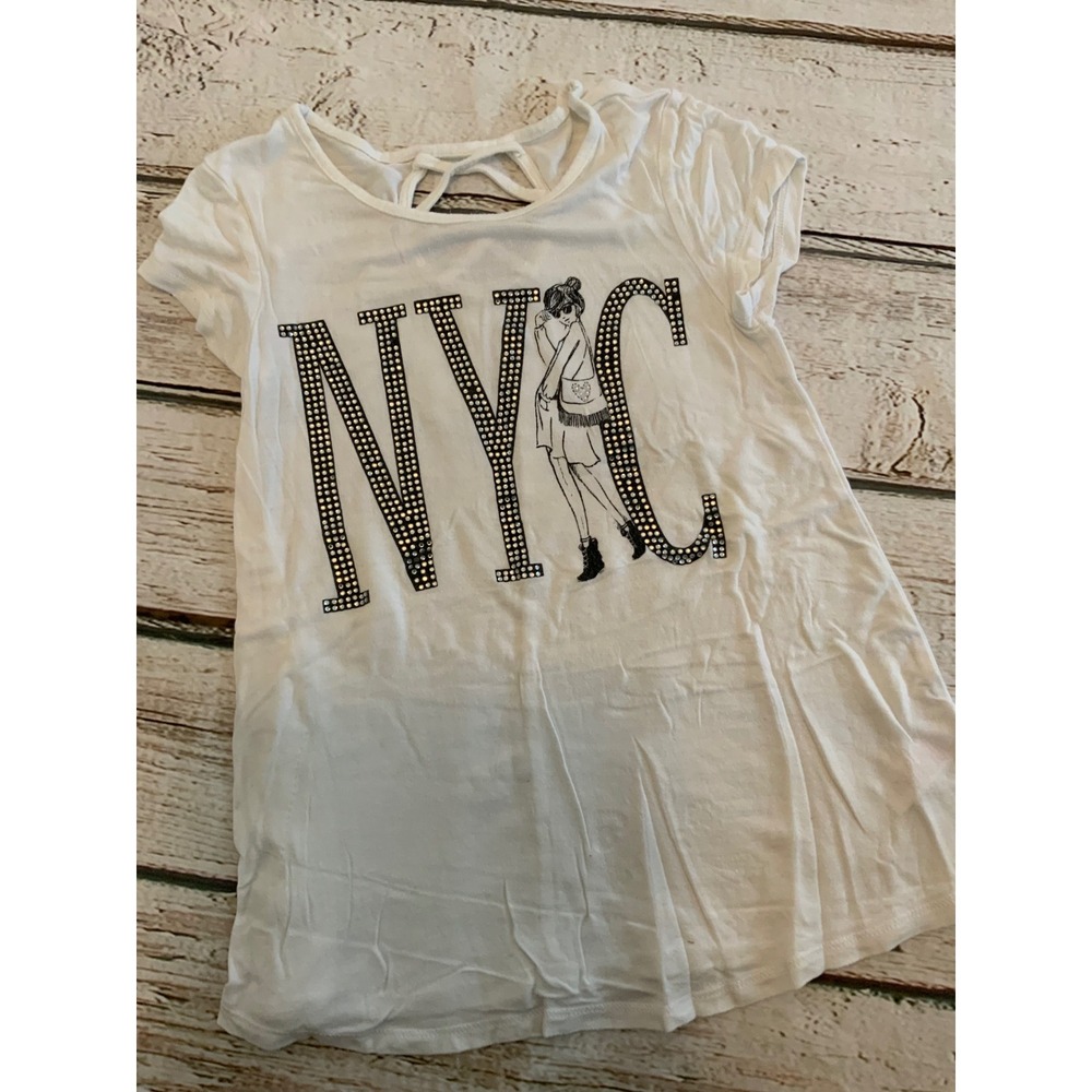 Justice Girls White NYC Rhinestone Graphic Tee Strappy Back Size 7